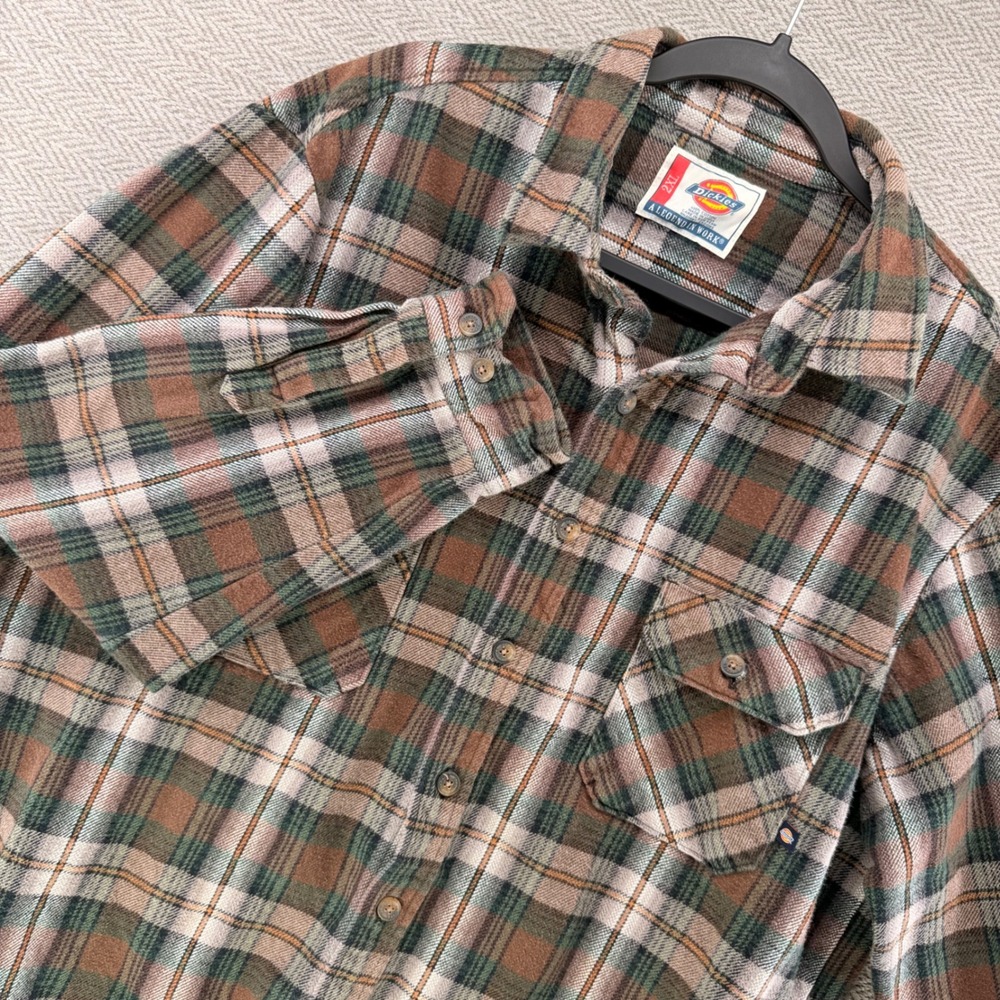 Dickies Mens 2XL Plaid Flannel Shirt Brown Green Long Sleeve Cotton Workwear